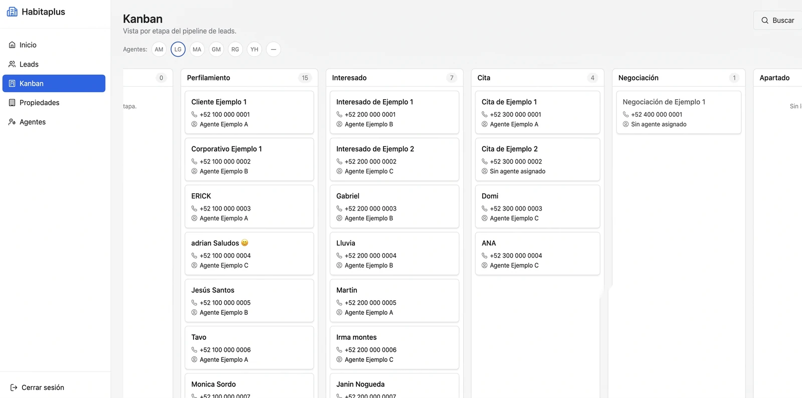 Tablero kanban de leads del CRM de Habitaplus